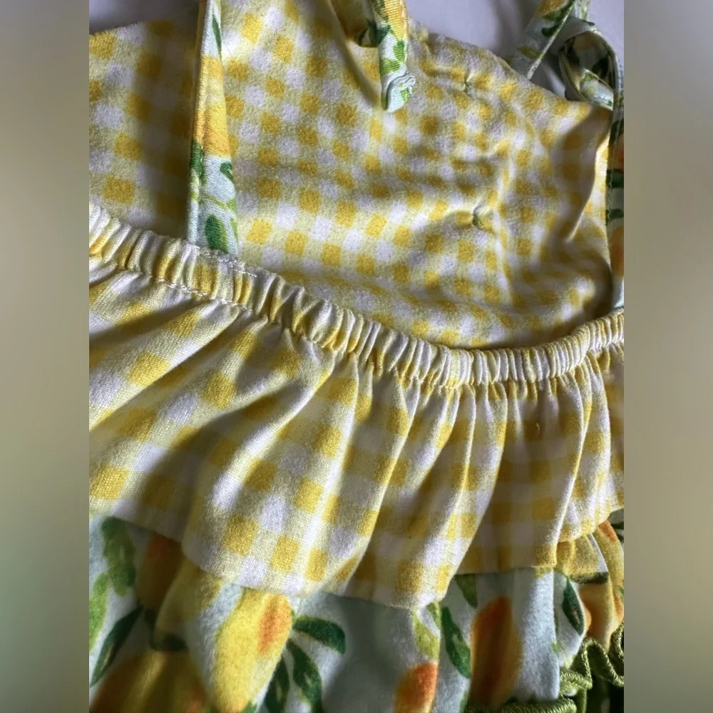 Lemon Gingham Ruffle Baby Romper - Yellow & Green